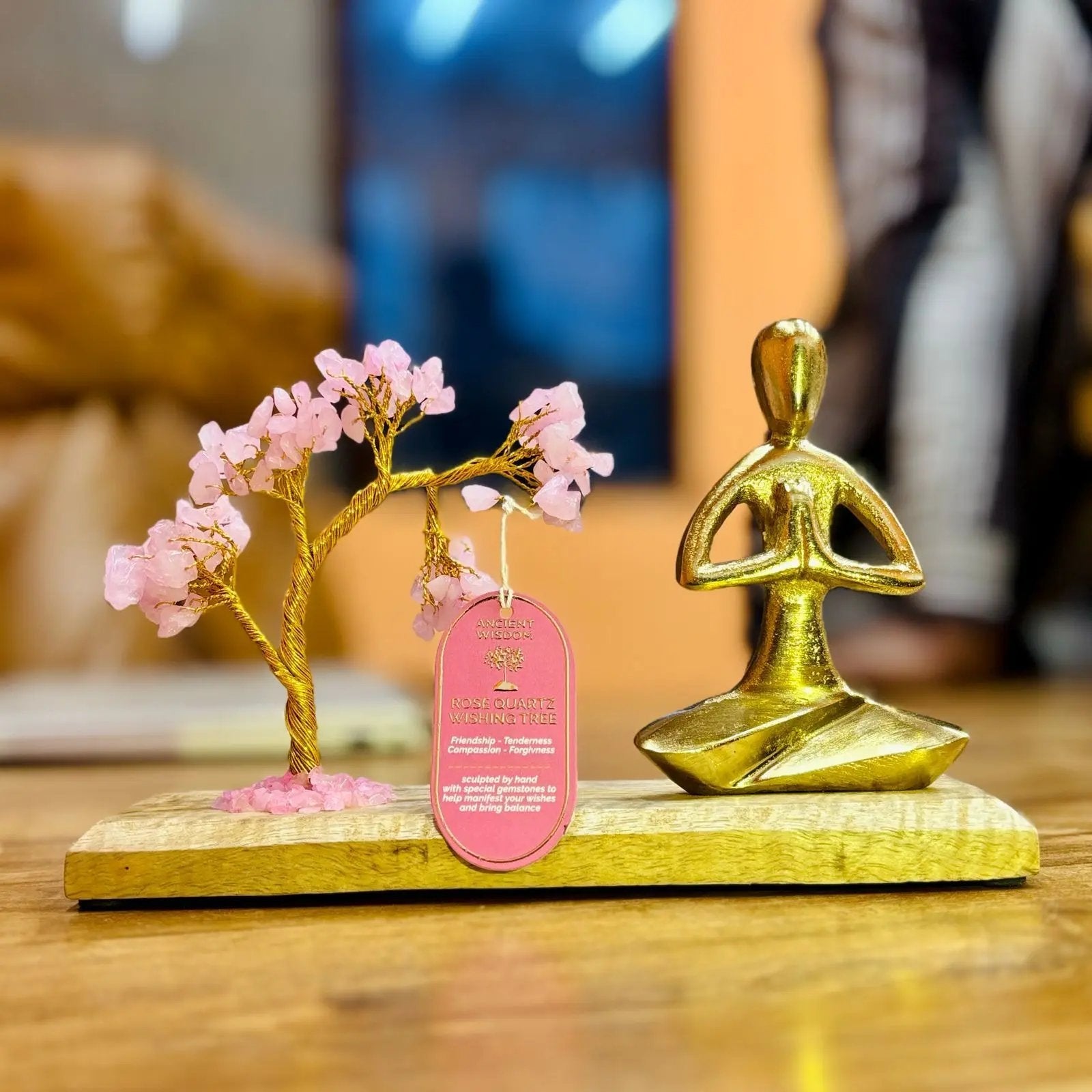 Árvore da Vida – Jardim de Yoga com Pedras Preciosas – Postura Namastê – Árvore Inclinada de Quartzo Rosa – 100 Pedrinhas