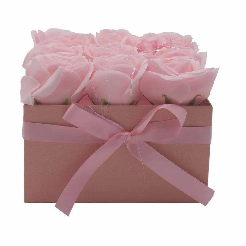 Caixa Bouquet de Flores de Sabão - 9 Rosas Rosa em Caixa Quadrada
