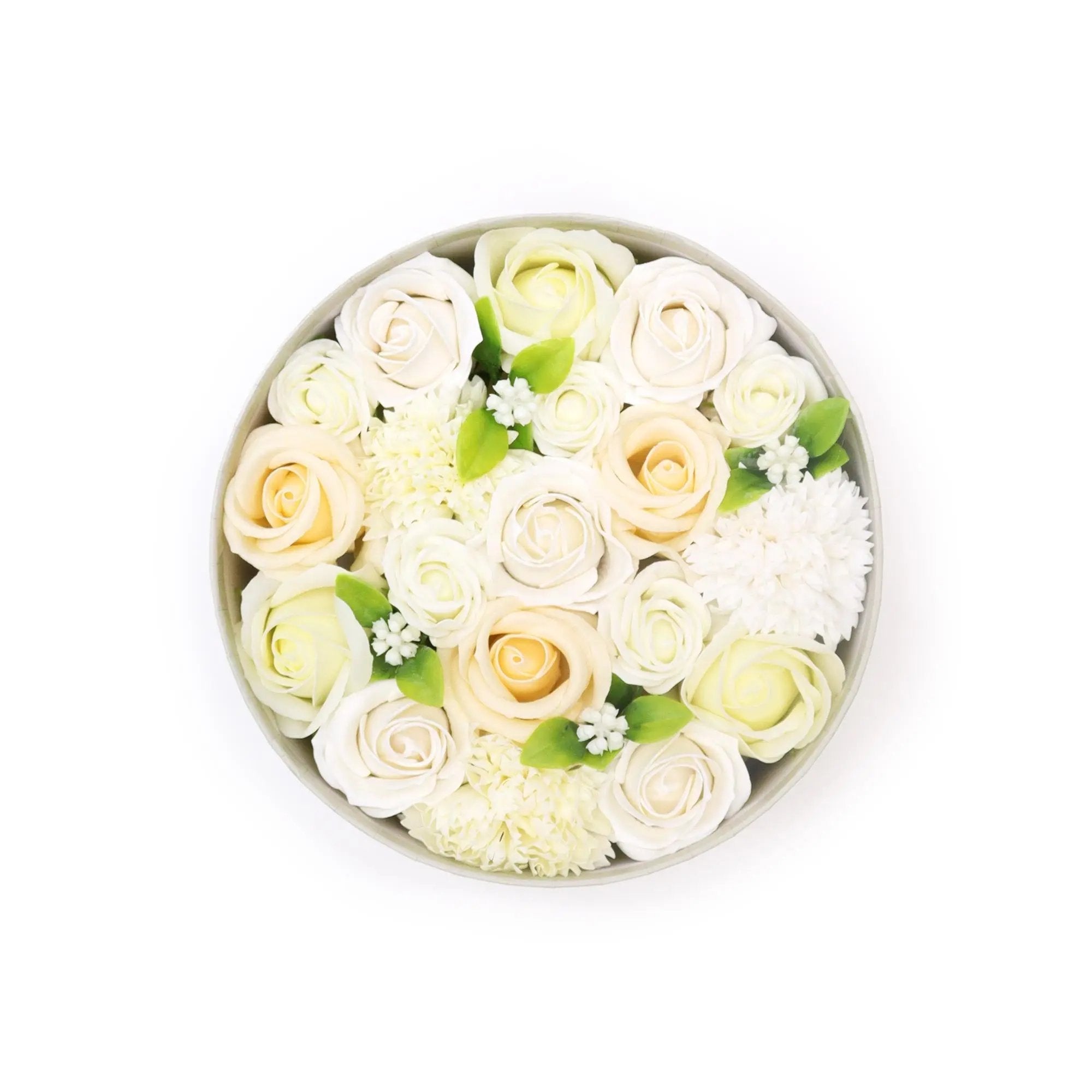 Caixa Redonda - Flores de Sabão - Bênção de Casamento - Branco e Marfim