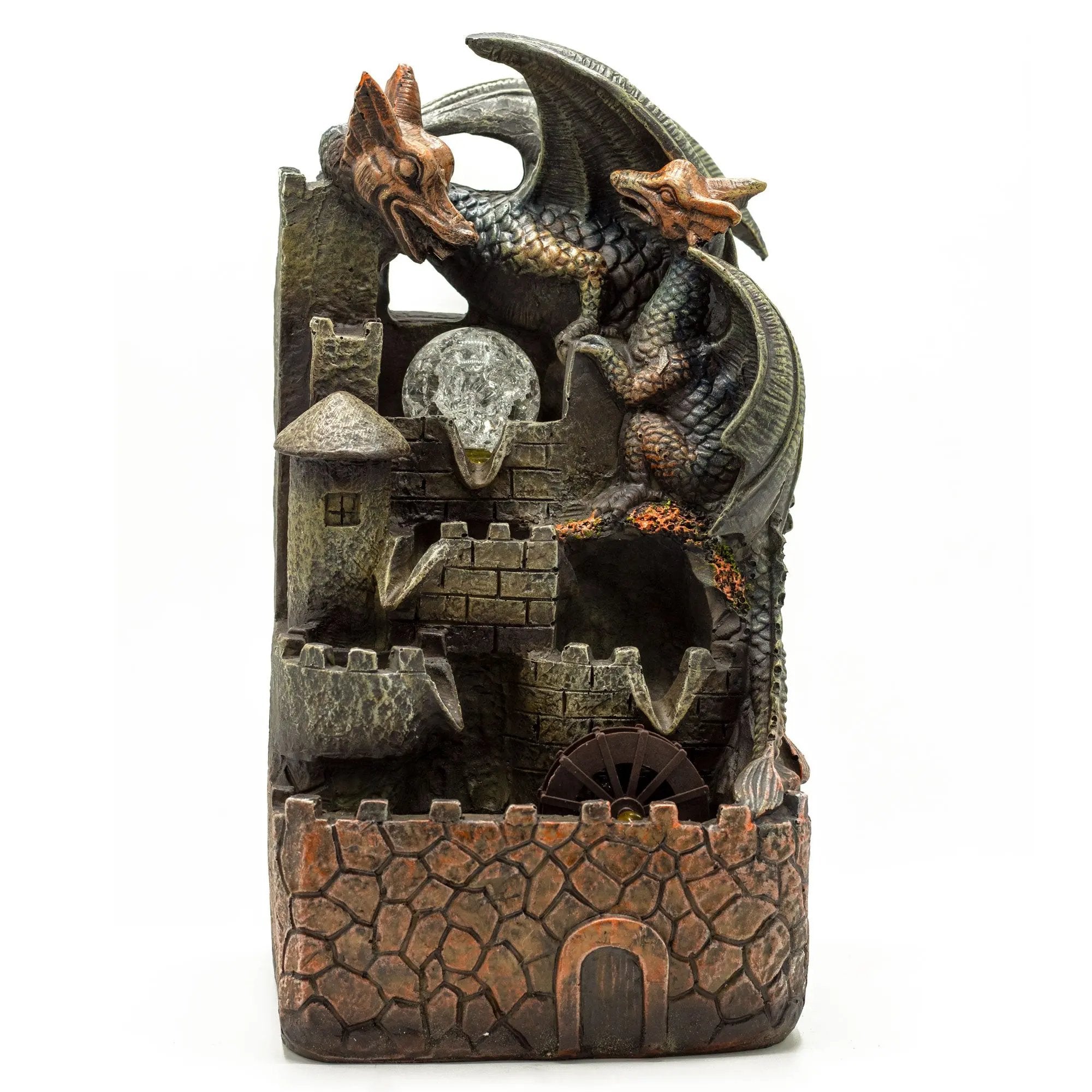 Fonte de Água Interior - Dragões, Bola de Vidro e Roda d'Água - 35 cm
