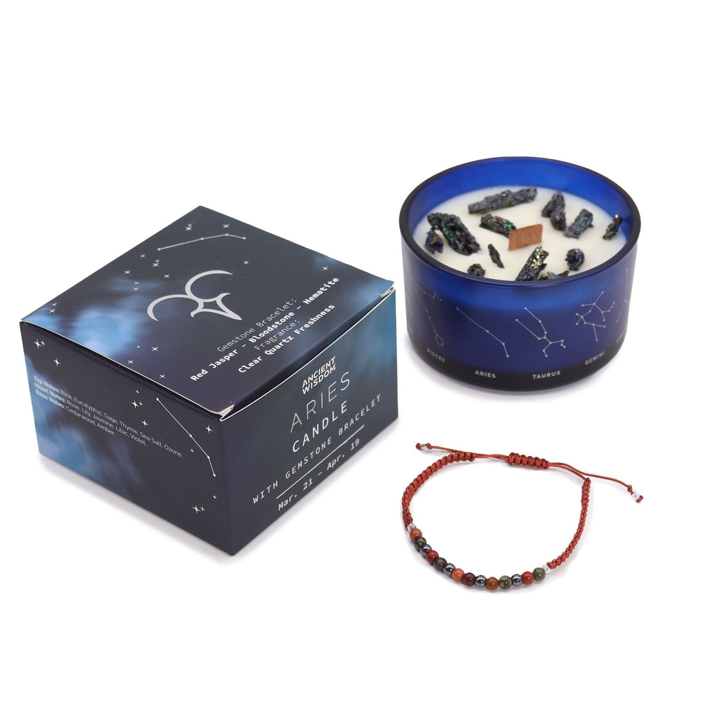 Vela de Cristal do Zodíaco com Pulseira de Pedras - Carneiro