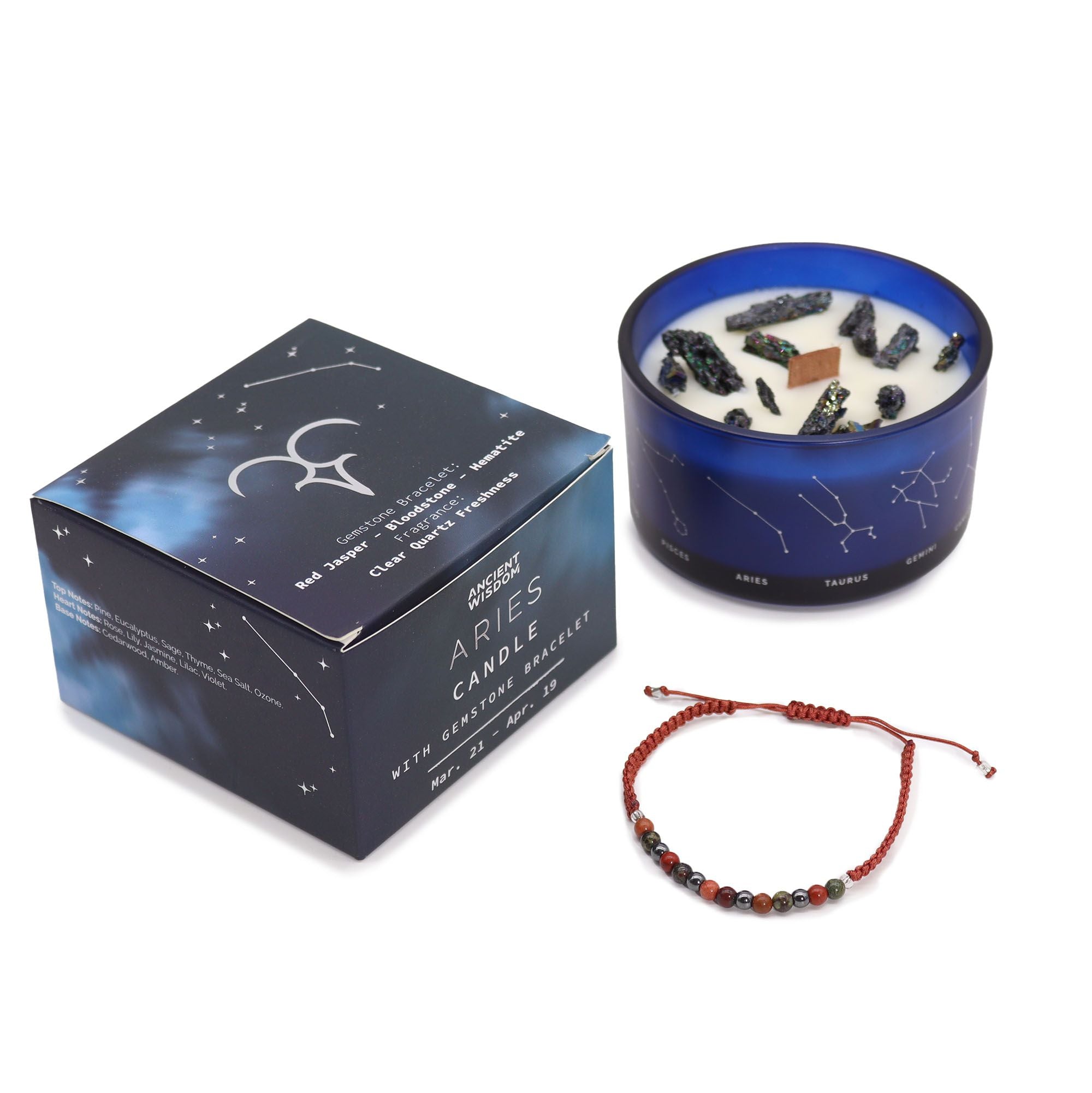 Vela de Cristal do Zodíaco com Pulseira de Pedras - Carneiro