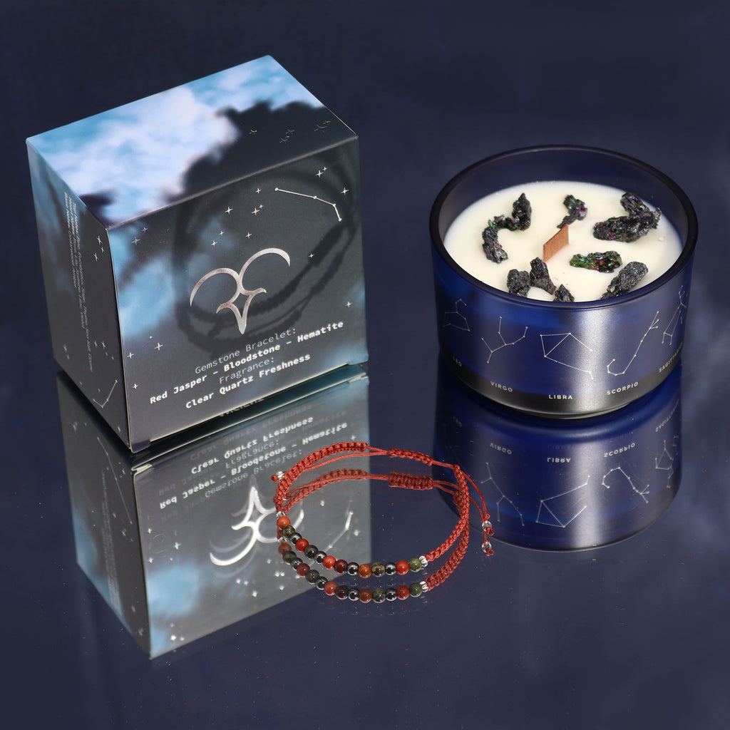 Vela de Cristal do Zodíaco com Pulseira de Pedras - Carneiro
