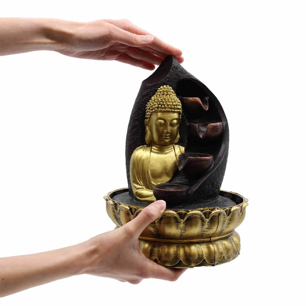 Fonte de Água de Sobremesa - 30cm - Buda Dourado e Jarros